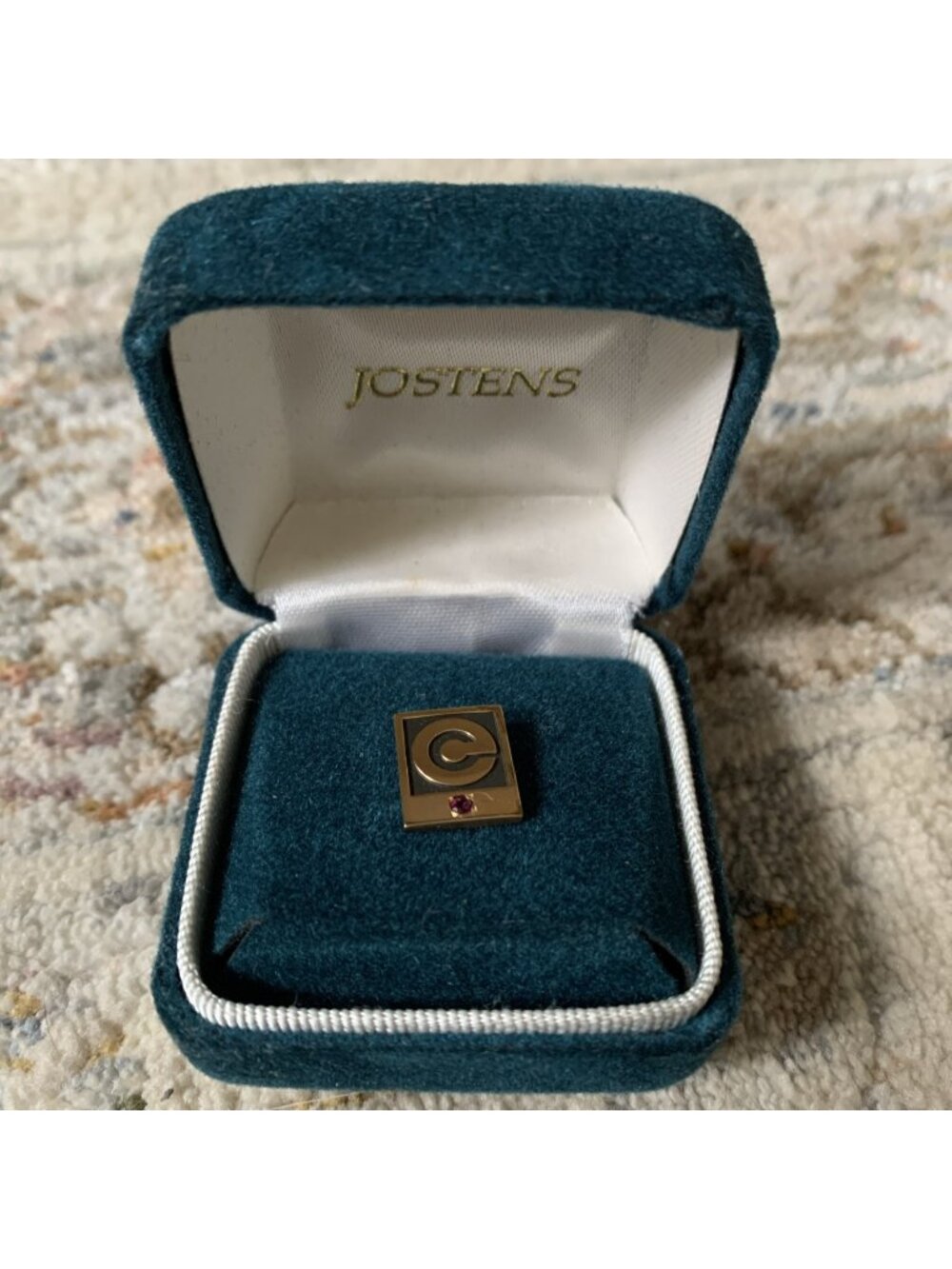 Vintage Jostens Lapel Pin Tie Tack Gold Tone C Red Stone Original Box